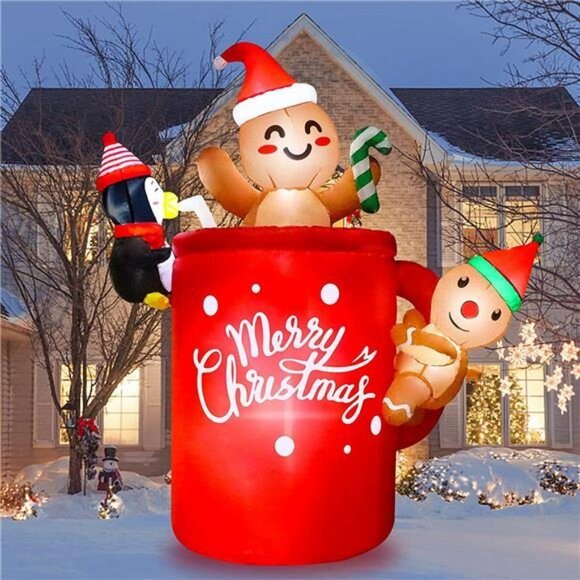 6Ft Inflatable Gingerbread Man in Cocoa Mug with Little Penguin -with LED Lights - Picture 1 of 7